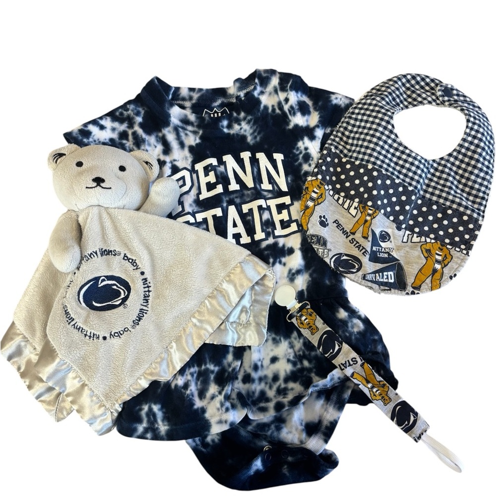 Penn State baby girl 6 month outfit with toy, bib and pacifier clip
